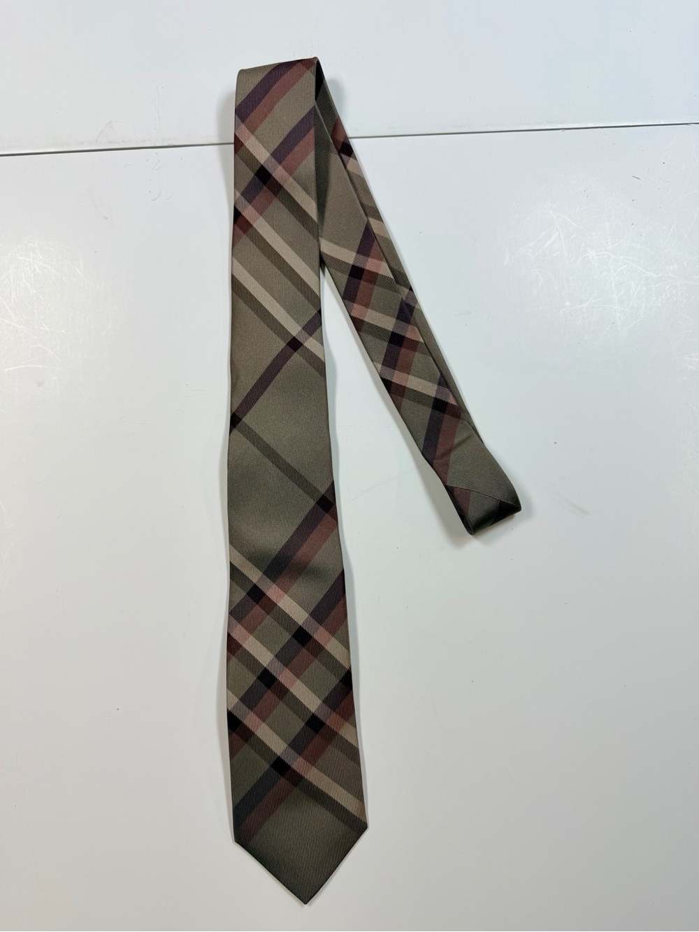 Burberry Olive Green Plaid Silk Tie with Brown and Black Accents